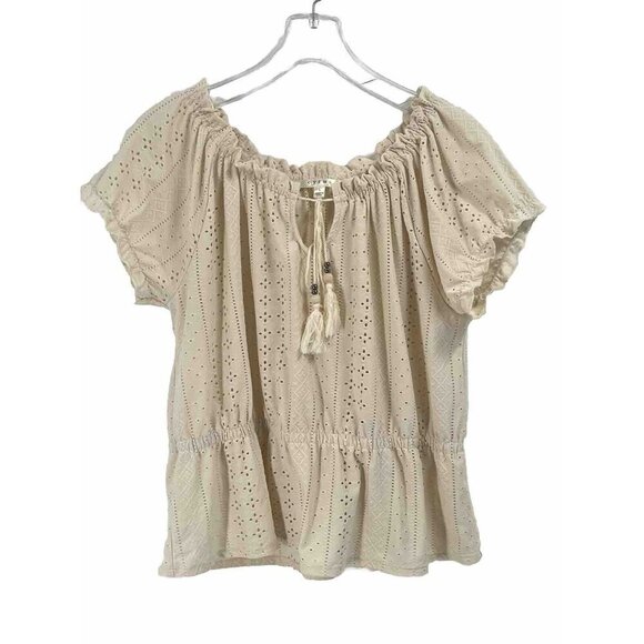 Cyrus Eyelet White Boho Short Sleeve Blouse Sz Large - Picture 1 of 6